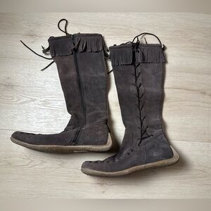 NAVID O’NADIA Vintage Women’s Suede Fringe Moccasin Knee High Brown Boots Sz 8.5